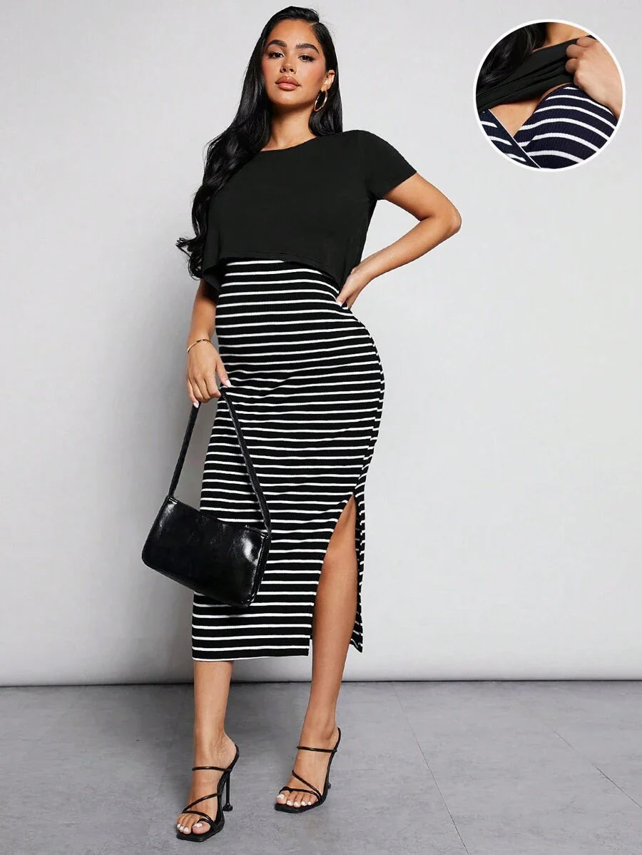 Maternity Nursing Set - Short Sleeve Tee and Striped Dress, Black
