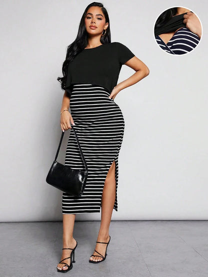 Maternity Nursing Set - Short Sleeve Tee and Striped Dress, Black