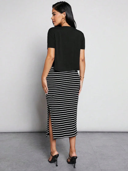 Maternity Nursing Set - Short Sleeve Tee and Striped Dress, Black
