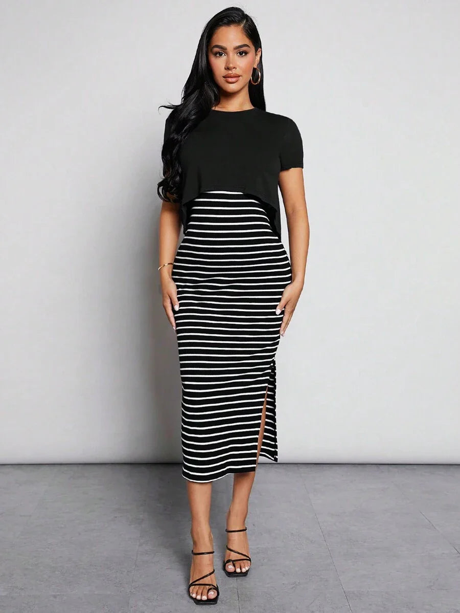Maternity Nursing Set - Short Sleeve Tee and Striped Dress, Black