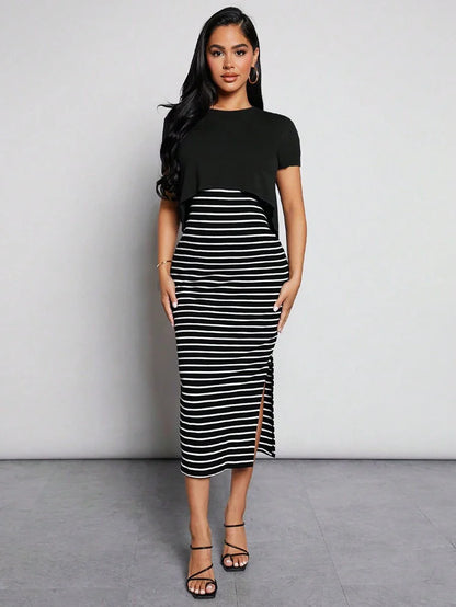 Maternity Nursing Set - Short Sleeve Tee and Striped Dress, Black