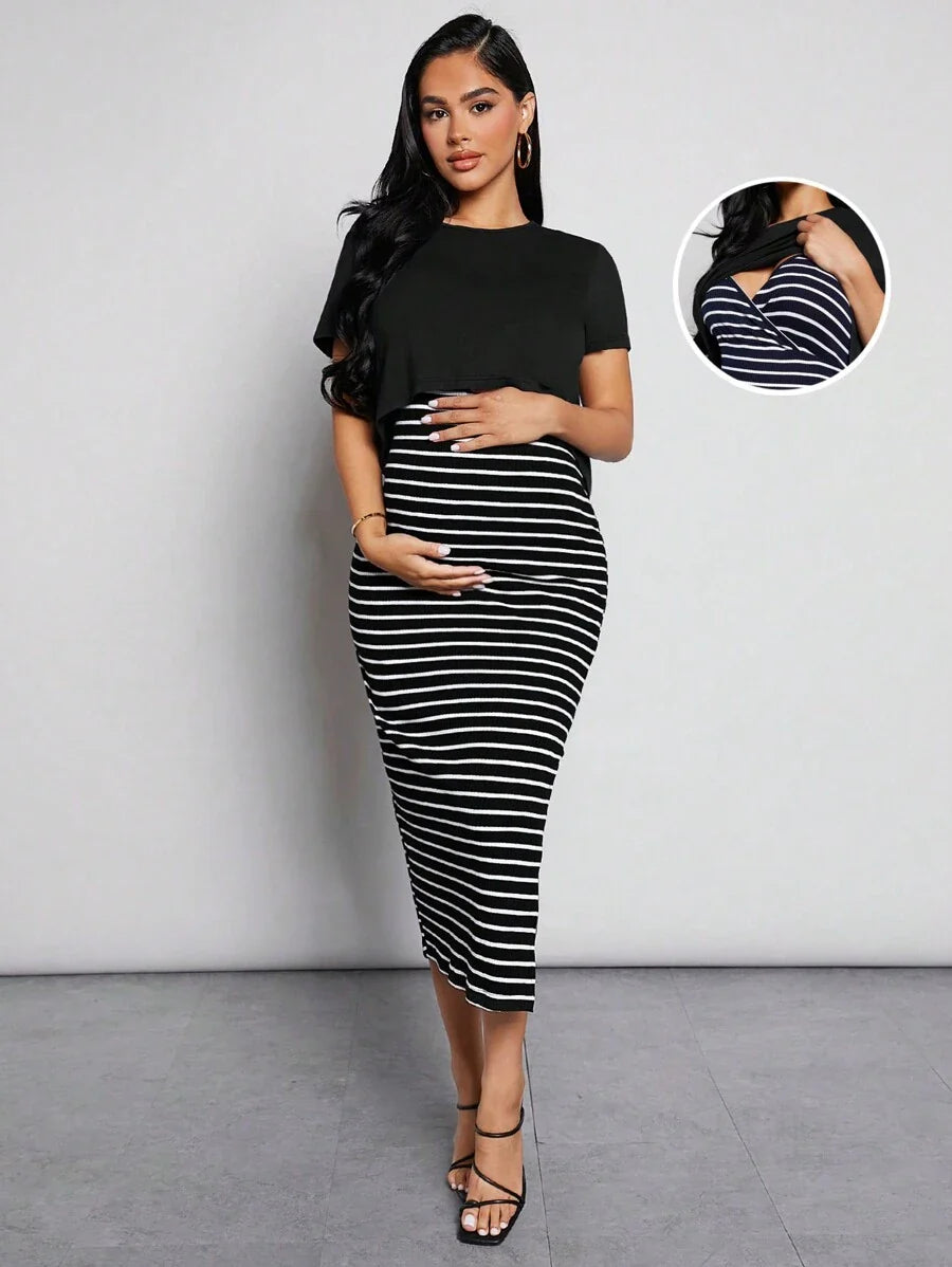 Maternity Nursing Set - Short Sleeve Tee and Striped Dress, Black