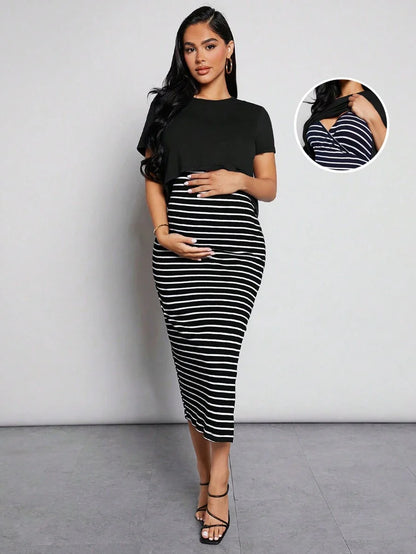 Maternity Nursing Set - Short Sleeve Tee and Striped Dress, Black