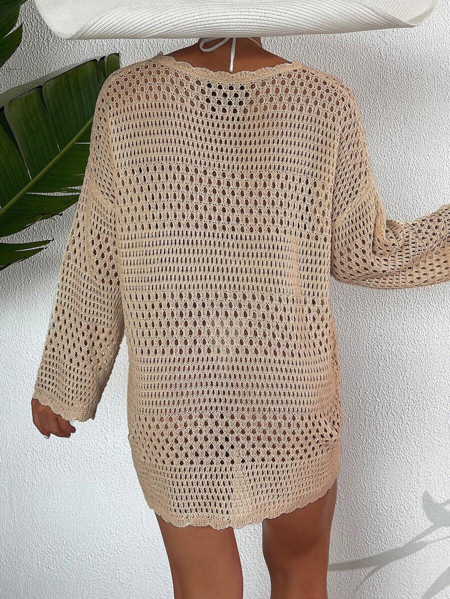 Swim Vcay Summer Beach Maternity Solid Color Hollow Out Drop Shoulder Long Sleeve Cover Up