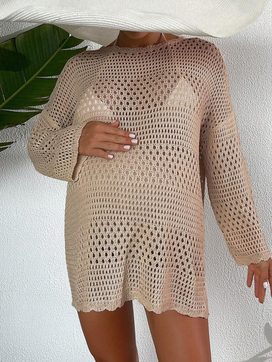 Summer Beach Maternity Vacation Loose Fit Cut Out Long Sleeve Round Neck Cover-Up Dress