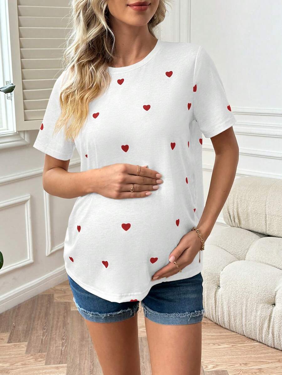 Maternity Heart Print Short Sleeve Round Neck T-Shirt White Knit Casual Summer Top for Valentine's Day and Daily Wear