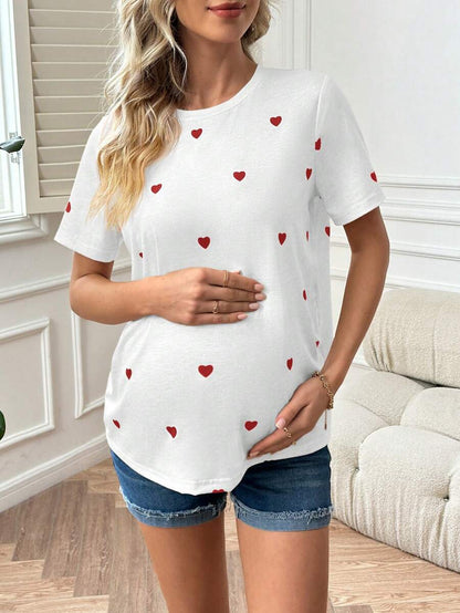 Maternity Heart Print Short Sleeve Round Neck T-Shirt White Knit Casual Summer Top for Valentine's Day and Daily Wear