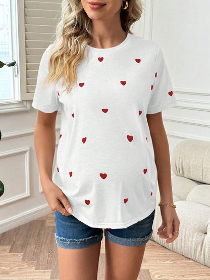 Apricot Heart Print Short Sleeve Maternity T-Shirt - Casual Round Neck Knitted Summer Top for Daily Wear and Valentine's Day