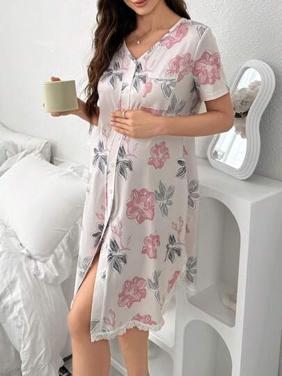 Maternity Lace Floral Print Sleep Dress Women Short Sleeve Pajama Dress With Pockets Nursing Nightgown