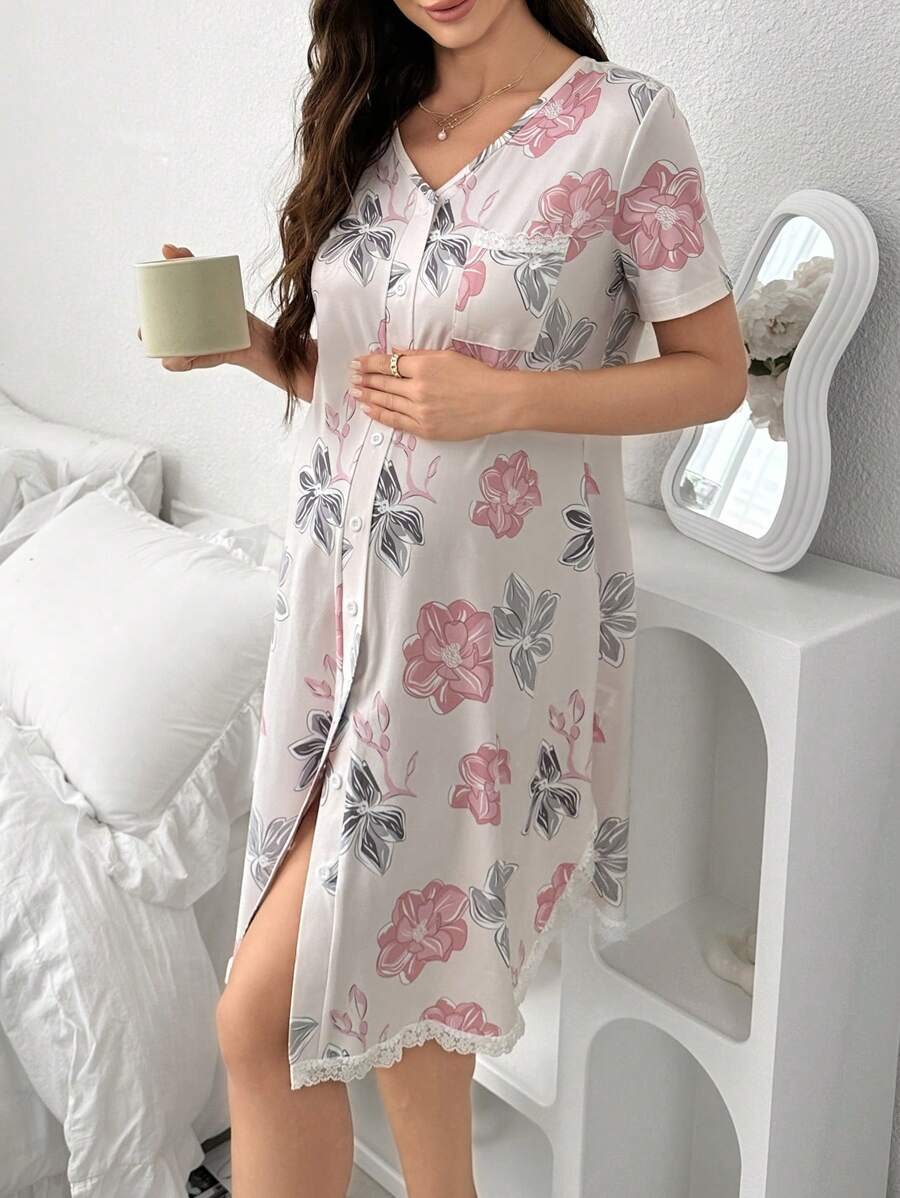 Maternity Lace Floral Print Sleep Dress Women Short Sleeve Pajama Dress With Pockets Nursing Nightgown
