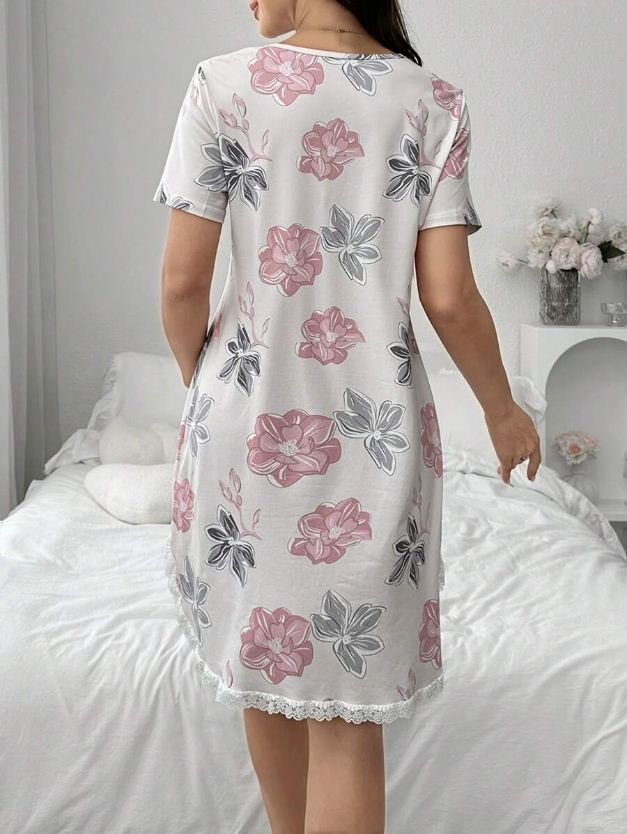 Maternity Lace Floral Print Sleep Dress Women Short Sleeve Pajama Dress With Pockets Nursing Nightgown