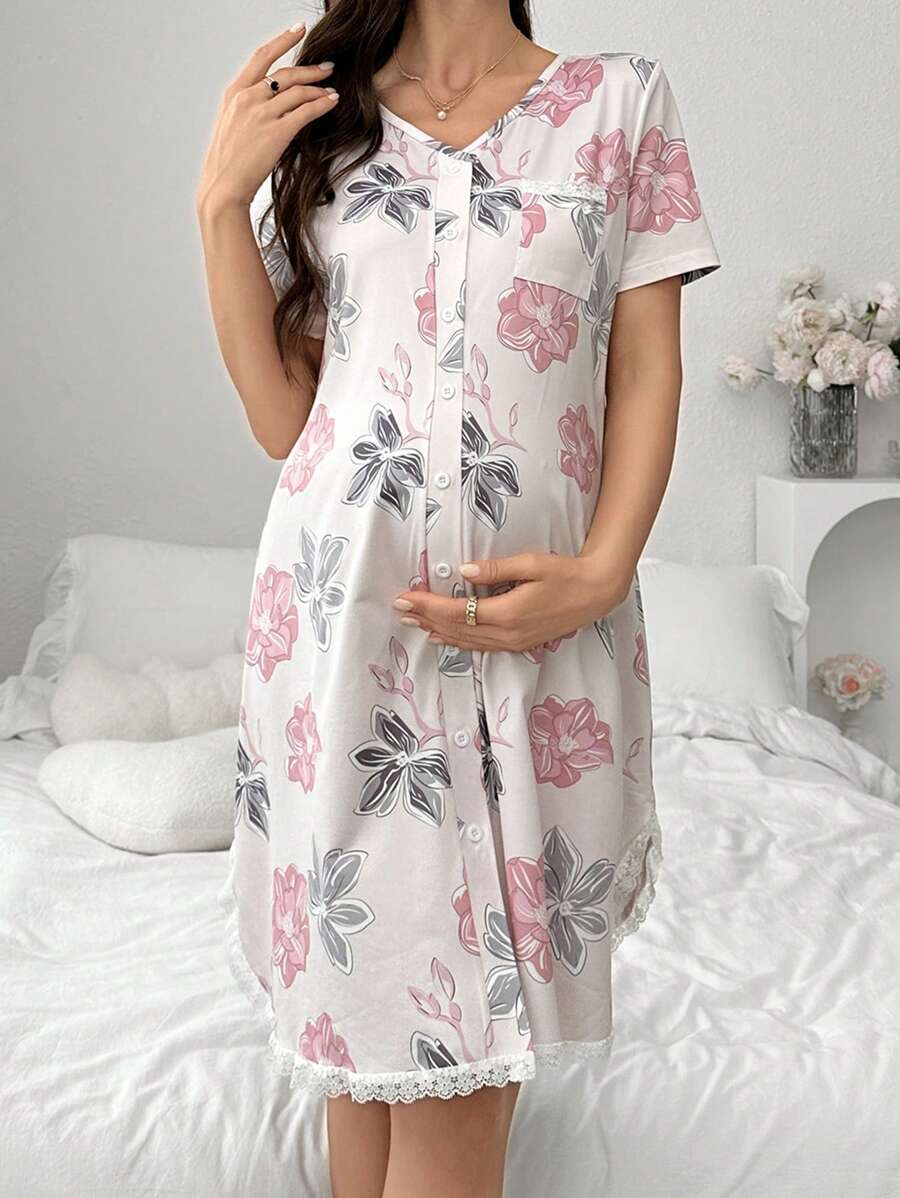 Maternity Lace Floral Print Sleep Dress Women Short Sleeve Pajama Dress With Pockets Nursing Nightgown