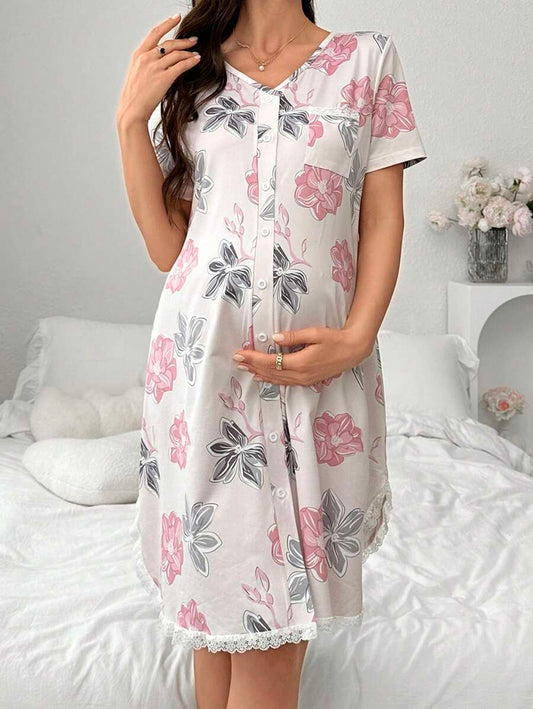 Maternity Lace Floral Print Sleep Dress Women Short Sleeve Pajama Dress With Pockets Nursing Nightgown