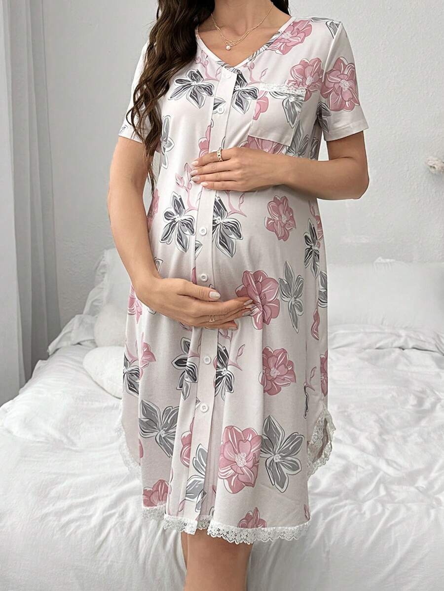 Maternity Lace Floral Print Sleep Dress Women Short Sleeve Pajama Dress With Pockets Nursing Nightgown