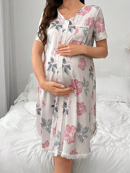 Maternity Lace Floral Print Sleep Dress Women Short Sleeve Pajama Dress With Pockets Nursing Nightgown
