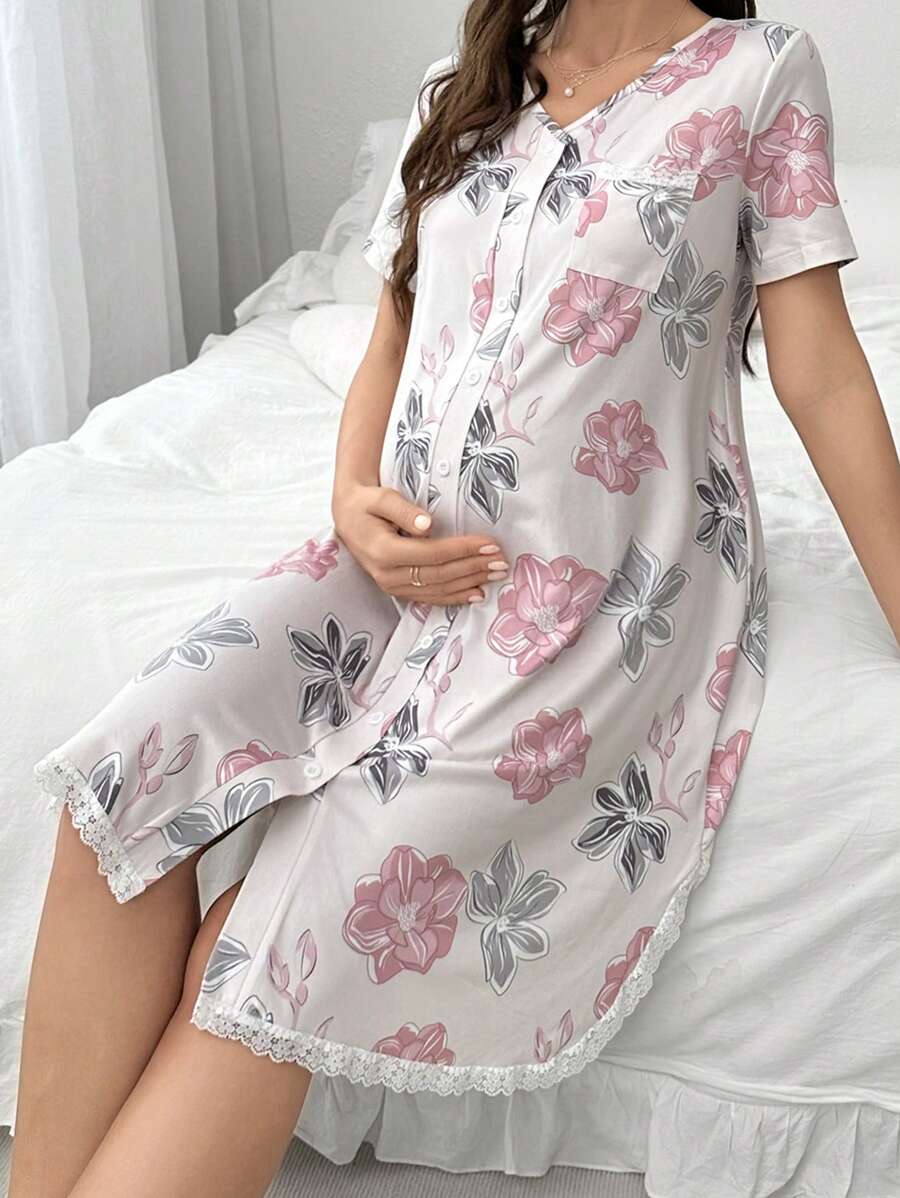 Maternity Lace Floral Print Sleep Dress Women Short Sleeve Pajama Dress With Pockets Nursing Nightgown