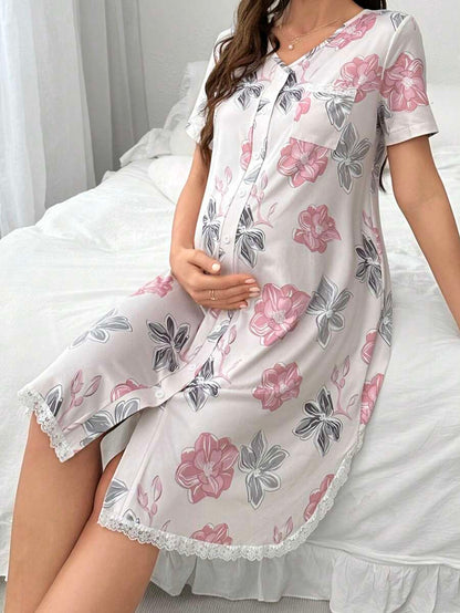 Maternity Lace Floral Print Sleep Dress Women Short Sleeve Pajama Dress With Pockets Nursing Nightgown