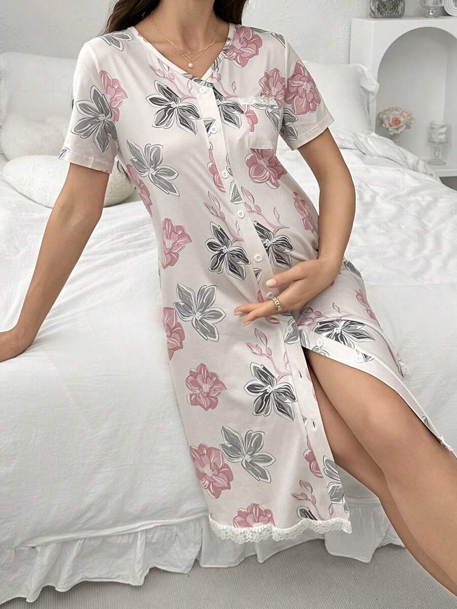 Maternity Lace Floral Print Sleep Dress Women Short Sleeve Pajama Dress With Pockets Nursing Nightgown