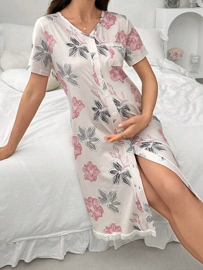 Maternity Lace Floral Print Sleep Dress Women Short Sleeve Pajama Dress With Pockets Nursing Nightgown