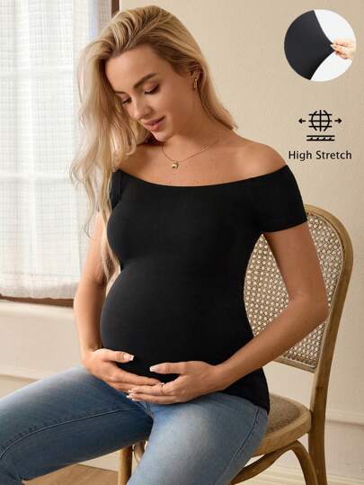 Black Off Shoulder Maternity T-Shirt - Slim Fit Knitted Short Sleeve Long Top with Rhinestone Detail and Pockets
