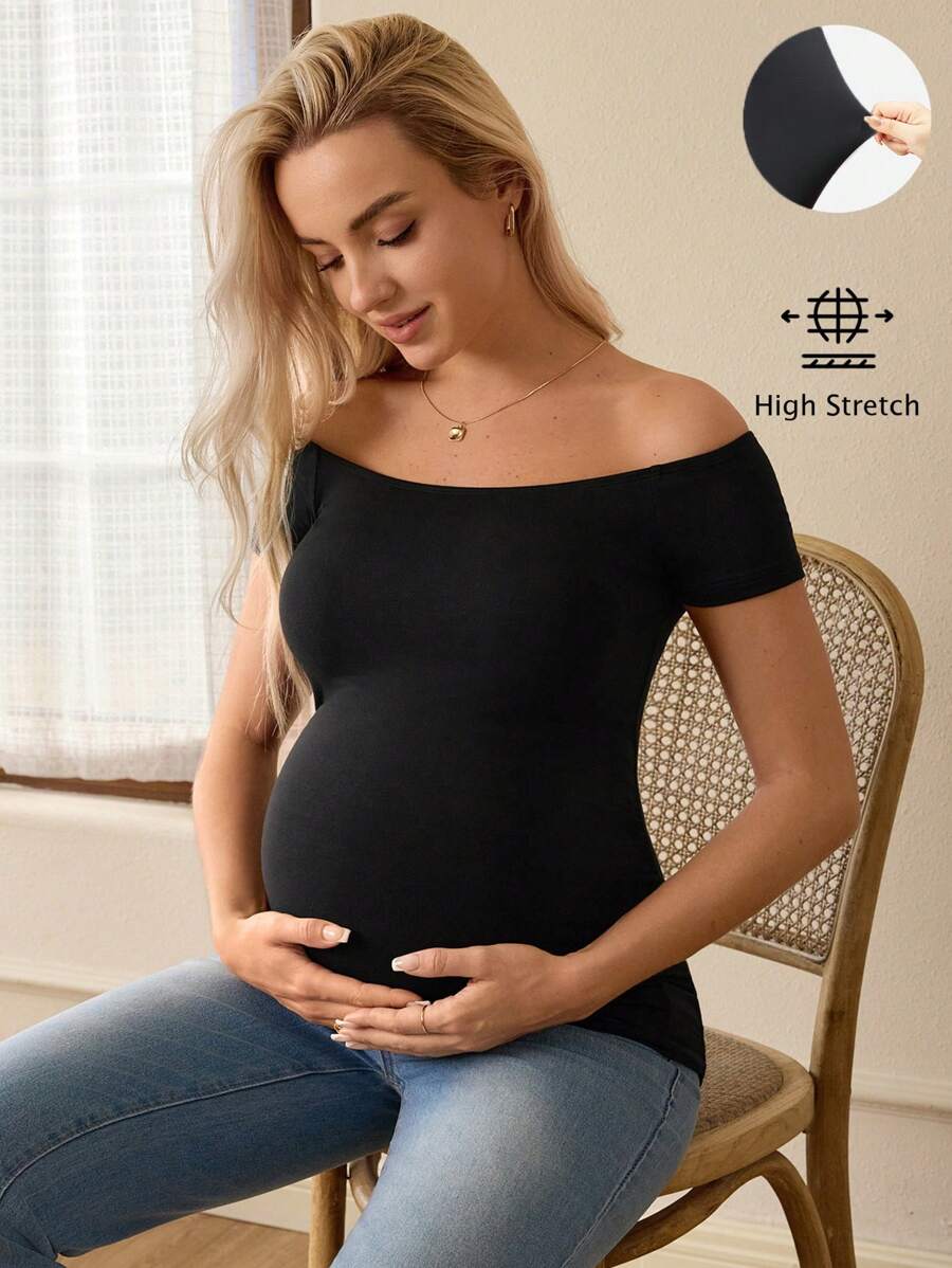 Maternity Simple Solid Off-Shoulder T-Shirt For Daily Wear