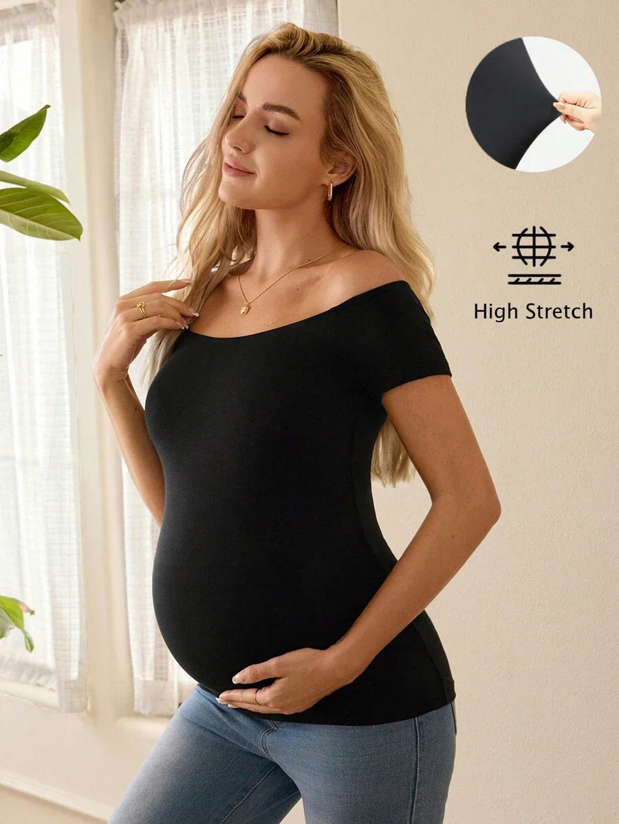 Black Off Shoulder Maternity T-Shirt - Slim Fit Knitted Short Sleeve Long Top with Rhinestone Detail and Pockets