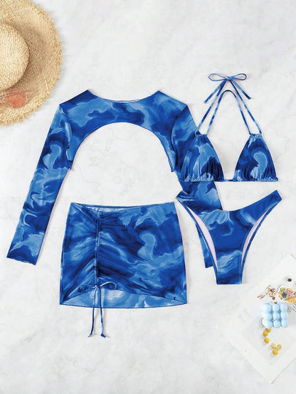 Women's Tie Dye Bikini Set - Drawstring Halter, High Waist, Long Sleeve Cover, Multicolor