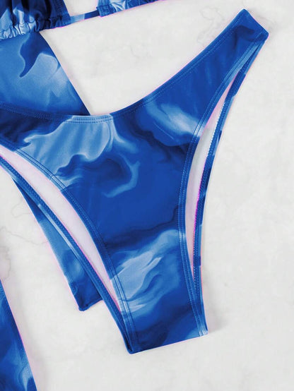 Women's Tie Dye Bikini Set - Drawstring Halter, High Waist, Long Sleeve Cover, Multicolor