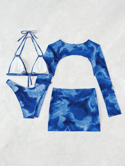 Women's Tie Dye Bikini Set - Drawstring Halter, High Waist, Long Sleeve Cover, Multicolor