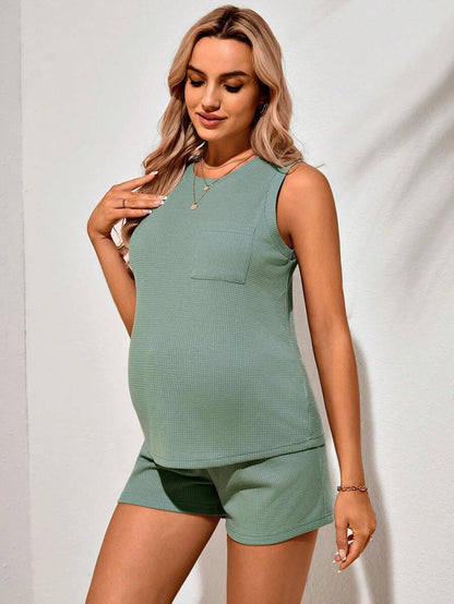 Maternity Mint Green Knit Tank Top and Adjustable Waist Shorts Set - Comfortable Sleeveless Round Neck Casual Summer Two Piece Outfit