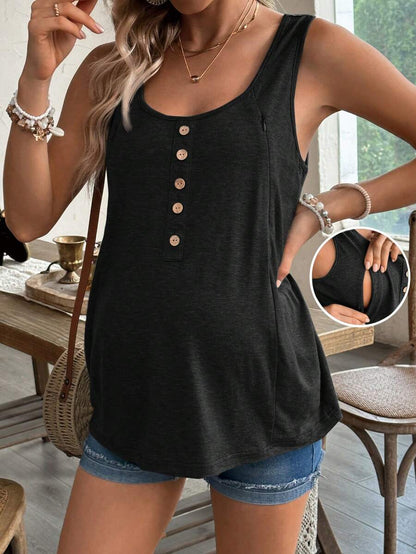 Maternity Solid Color Scoop Neck Sleeveless Nursing Top - Casual Summer Pullover