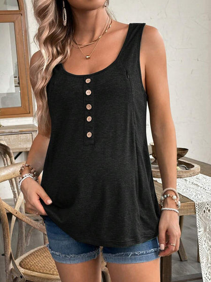Women's Black Sleeveless Nursing Top Scoop Neck Button Front Maternity Pullover with Pockets High Stretch Knitted Daily Casual Tank