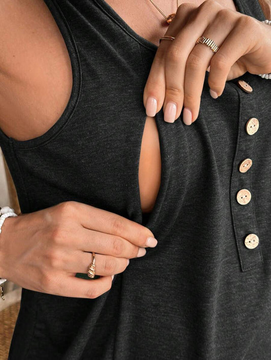 Maternity Solid Color Scoop Neck Sleeveless Nursing Top - Casual Summer Pullover