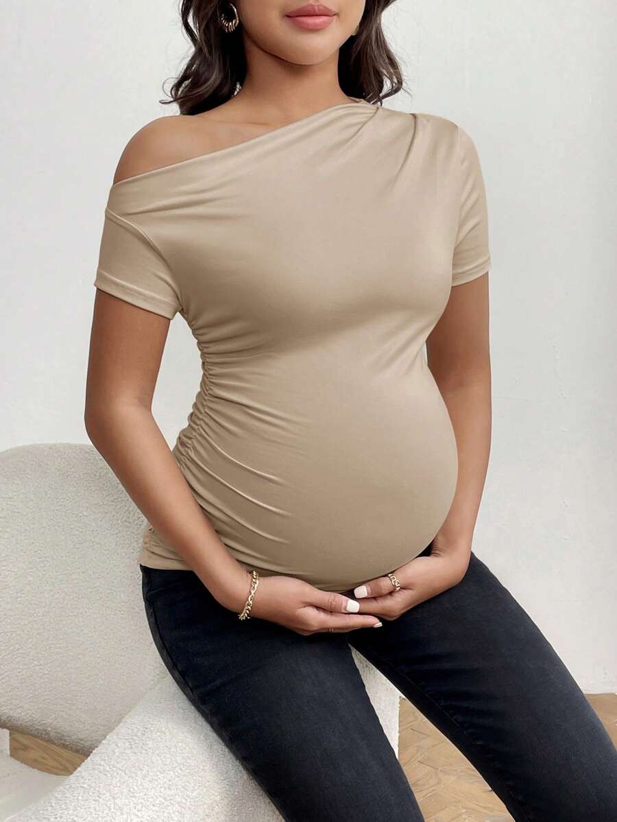 Burgundy Asymmetrical Neck Ruched Maternity T-Shirt - Slim Fit High Stretch Short Sleeve Casual Summer Pregnancy Top