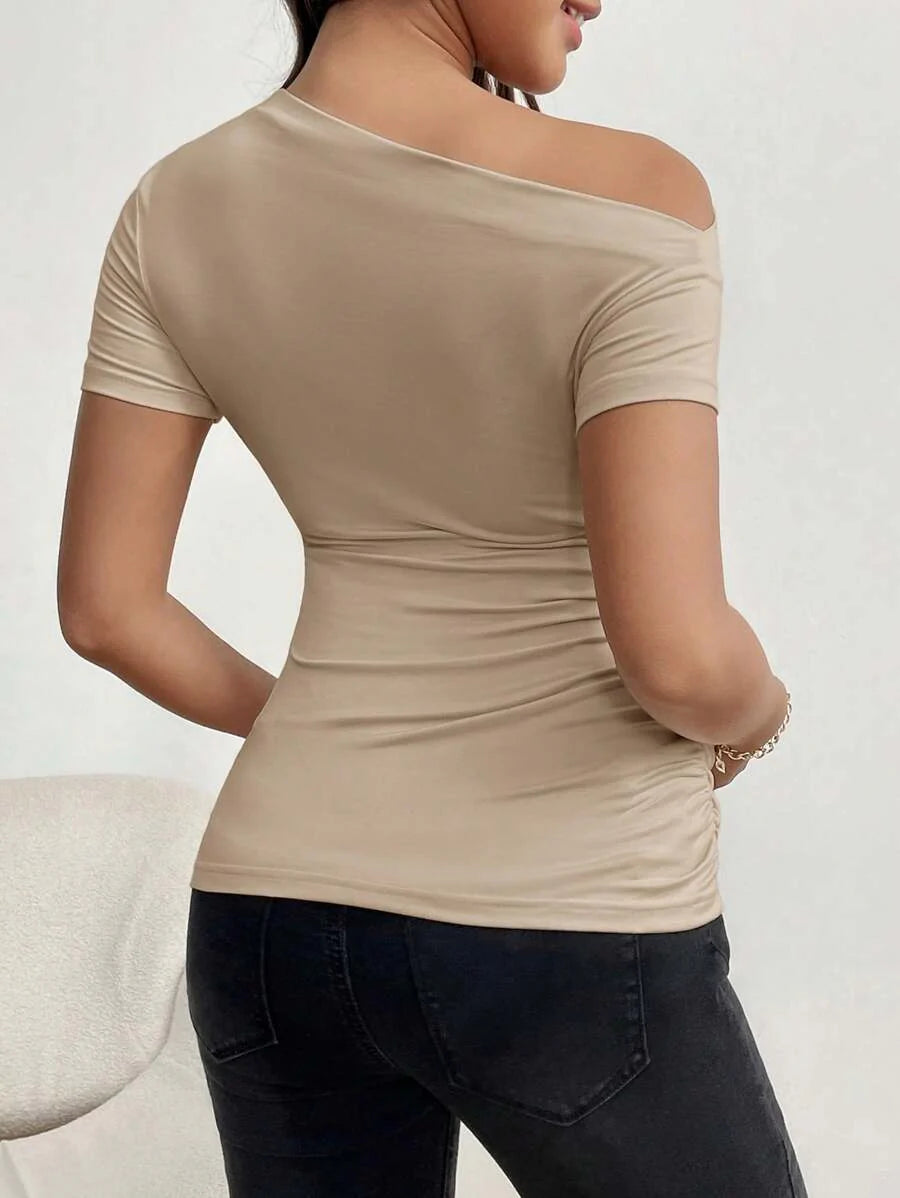 Burgundy Asymmetrical Neck Ruched Maternity T-Shirt - Slim Fit High Stretch Short Sleeve Casual Summer Pregnancy Top