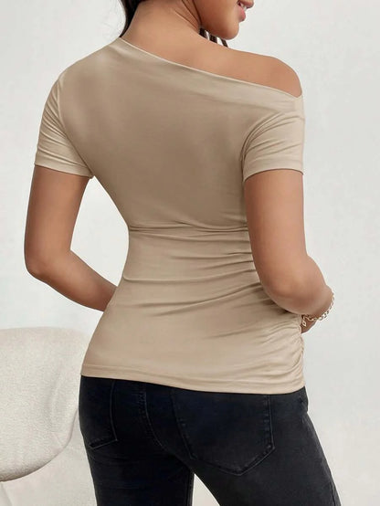Maternity Asymmetrical Neckline Ruched T-Shirt - Short Sleeve Slim Fit Pleated Knit Top for Casual Daily Wear