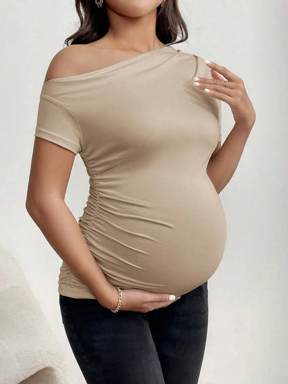 Maternity Asymmetrical Neck Tee - Short Sleeve, Slim Fit, High Stretch, Black