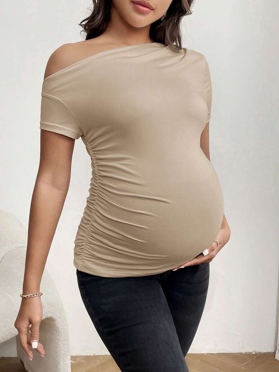 Maternity Asymmetrical Neck Tee - Short Sleeve, Slim Fit, High Stretch, Black