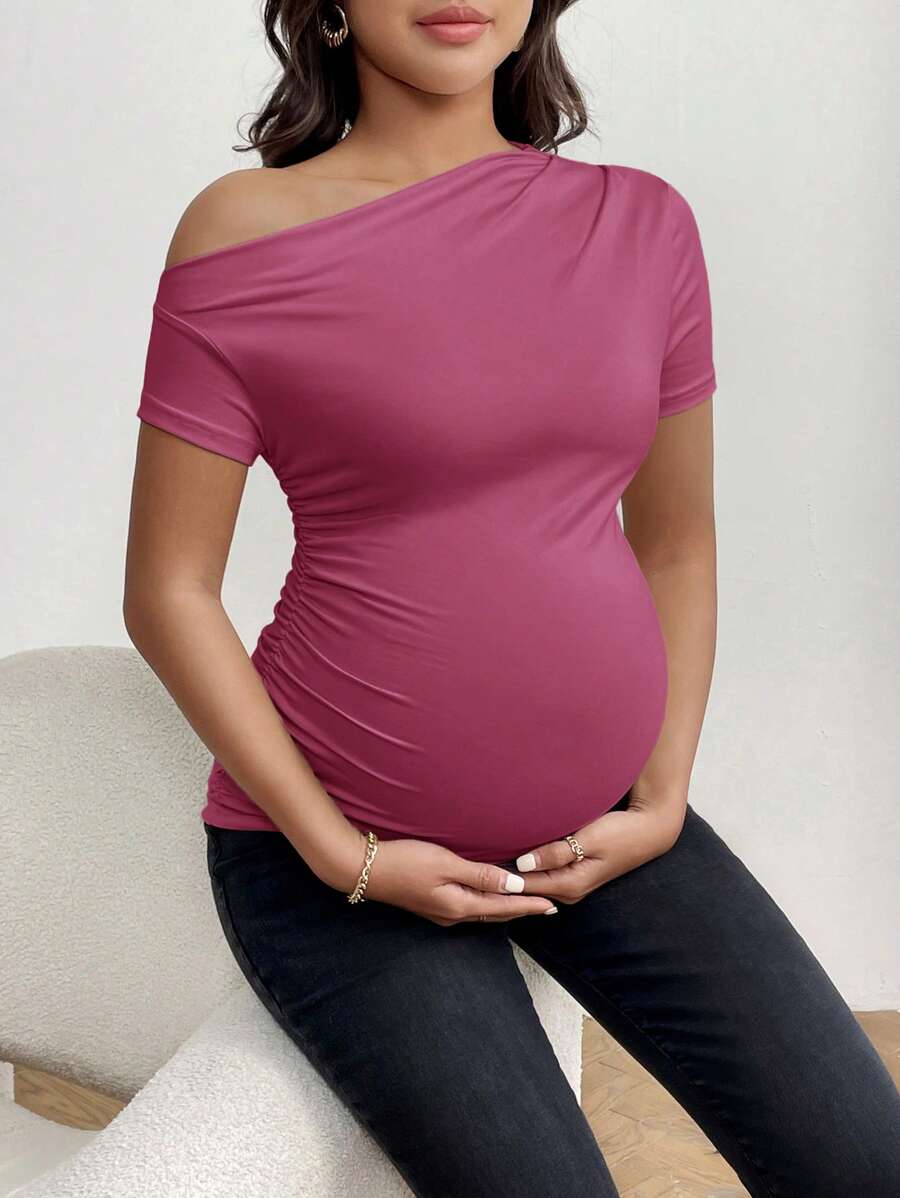 Burgundy Asymmetrical Neck Ruched Maternity T-Shirt - Slim Fit High Stretch Short Sleeve Casual Summer Pregnancy Top
