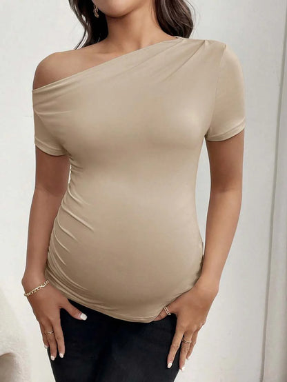 Maternity Asymmetrical Neckline Ruched T-Shirt - Short Sleeve Slim Fit Pleated Knit Top for Casual Daily Wear