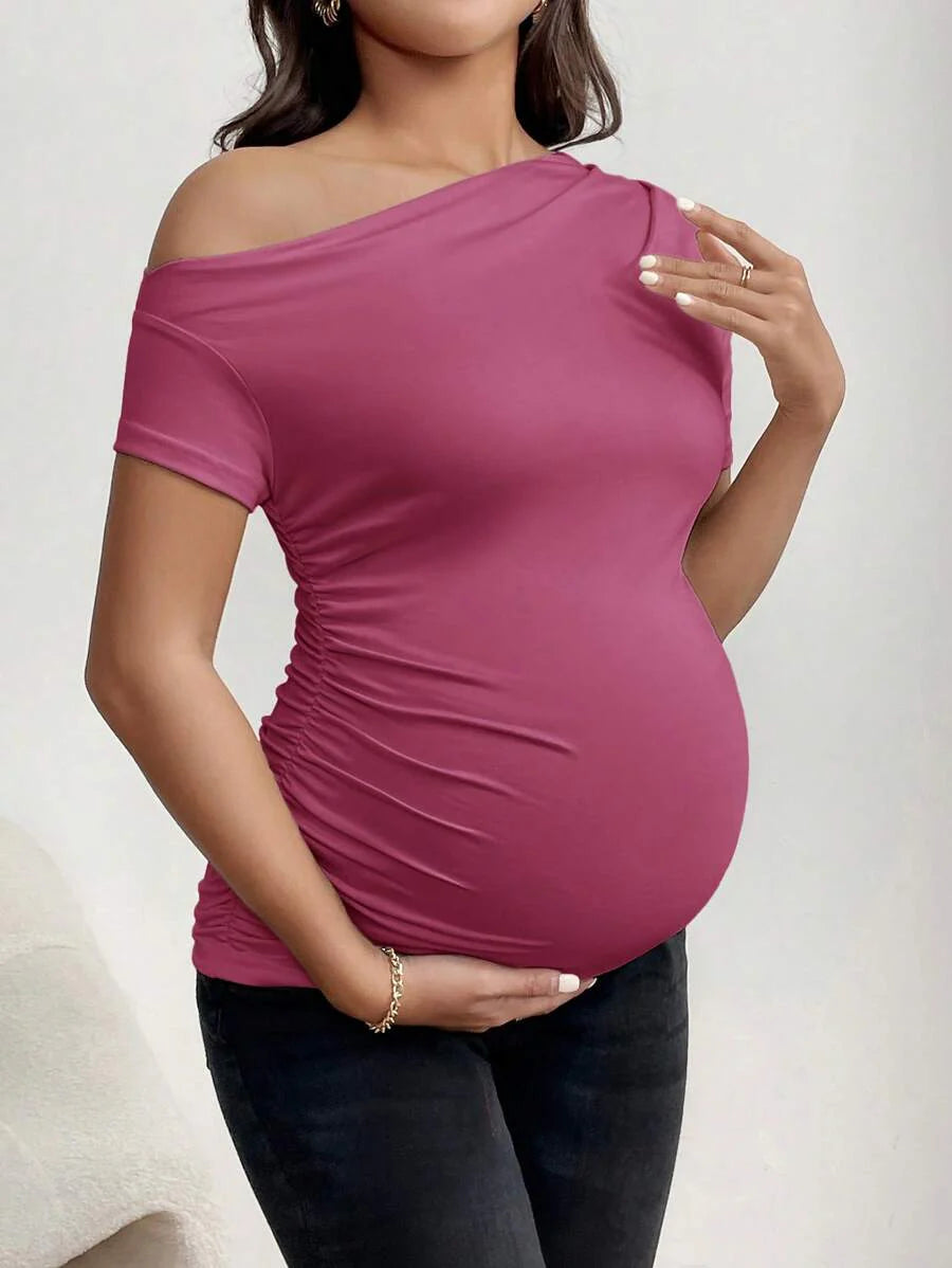 Maternity Asymmetrical Neck Tee - Short Sleeve, Slim Fit, High Stretch, Black