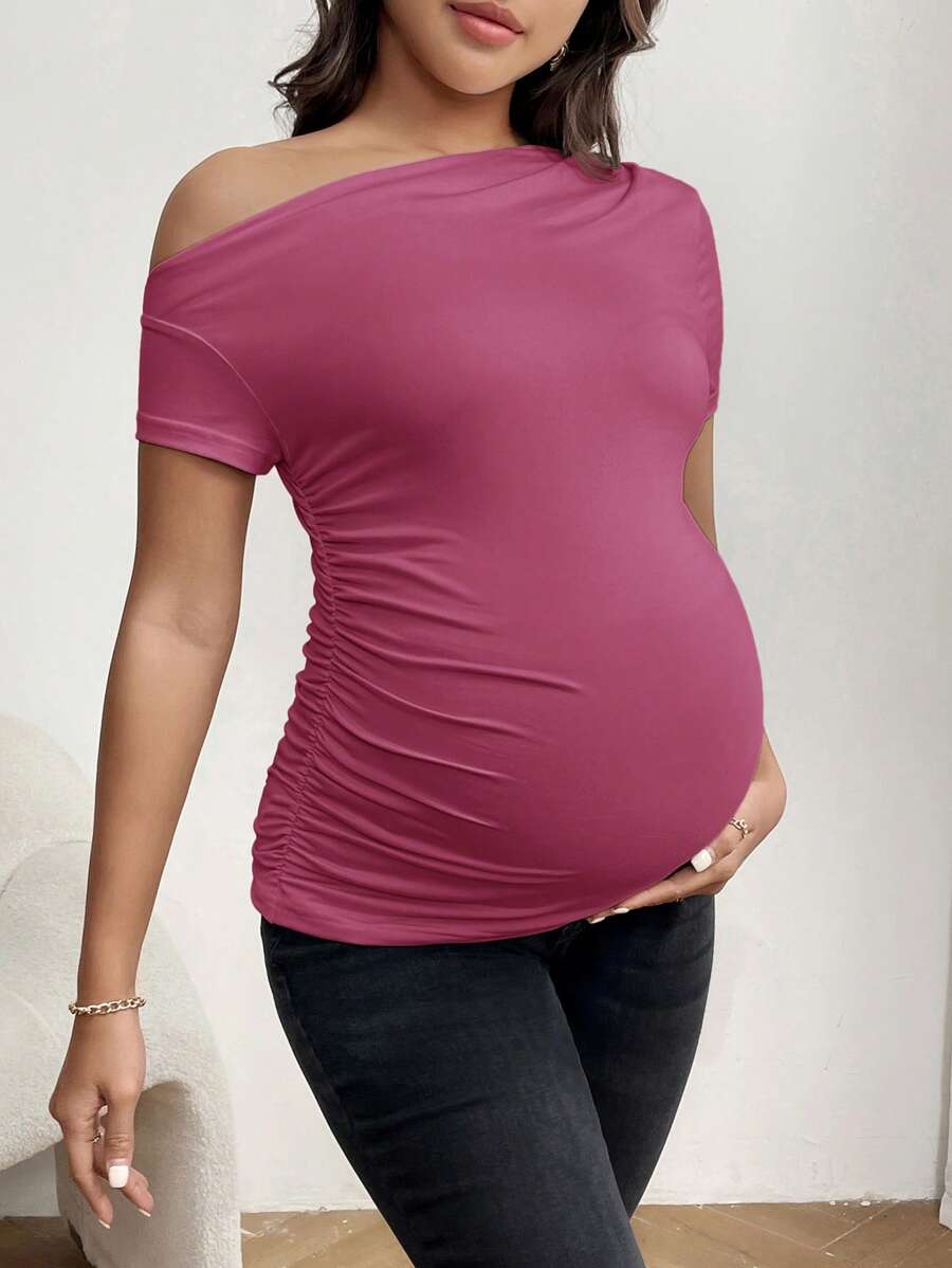 Maternity Asymmetrical Neckline Ruched T-Shirt - Short Sleeve Slim Fit Pleated Knit Top for Casual Daily Wear