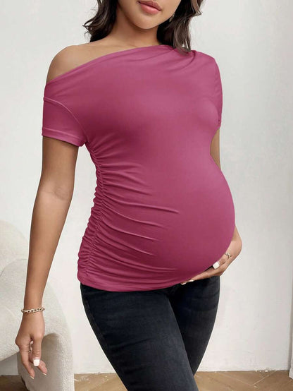 Burgundy Asymmetrical Neck Ruched Maternity T-Shirt - Slim Fit High Stretch Short Sleeve Casual Summer Pregnancy Top