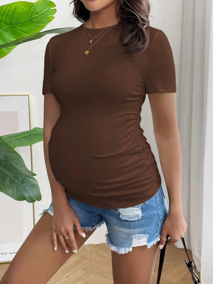 Maternity Short Sleeve Ruched Fitted T-Shirt in Mint Green, High Stretch Slim Fit Summer Pregnancy Top for Daily Wear