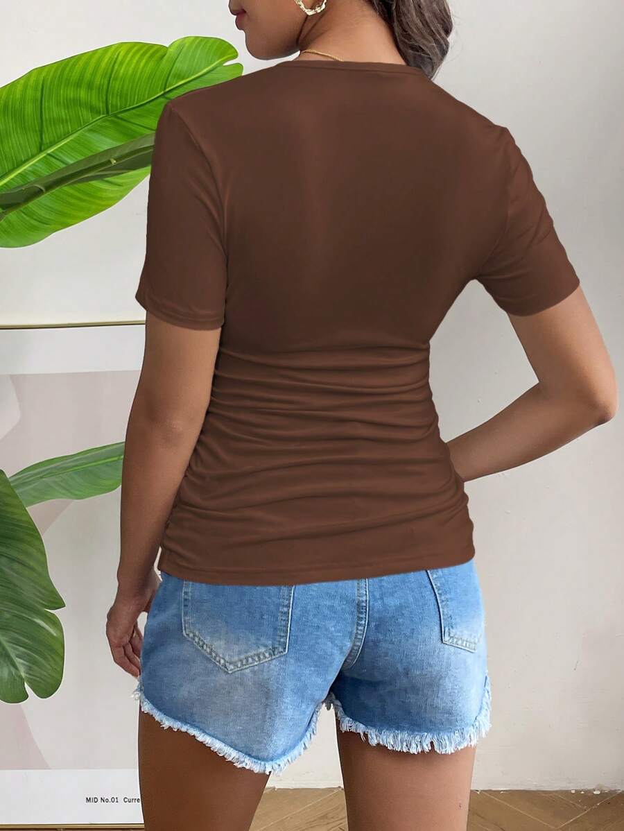 Maternity T-Shirt - Solid Color Ruched Round Neck Short Sleeve Casual Summer, Pregnancy Stretch