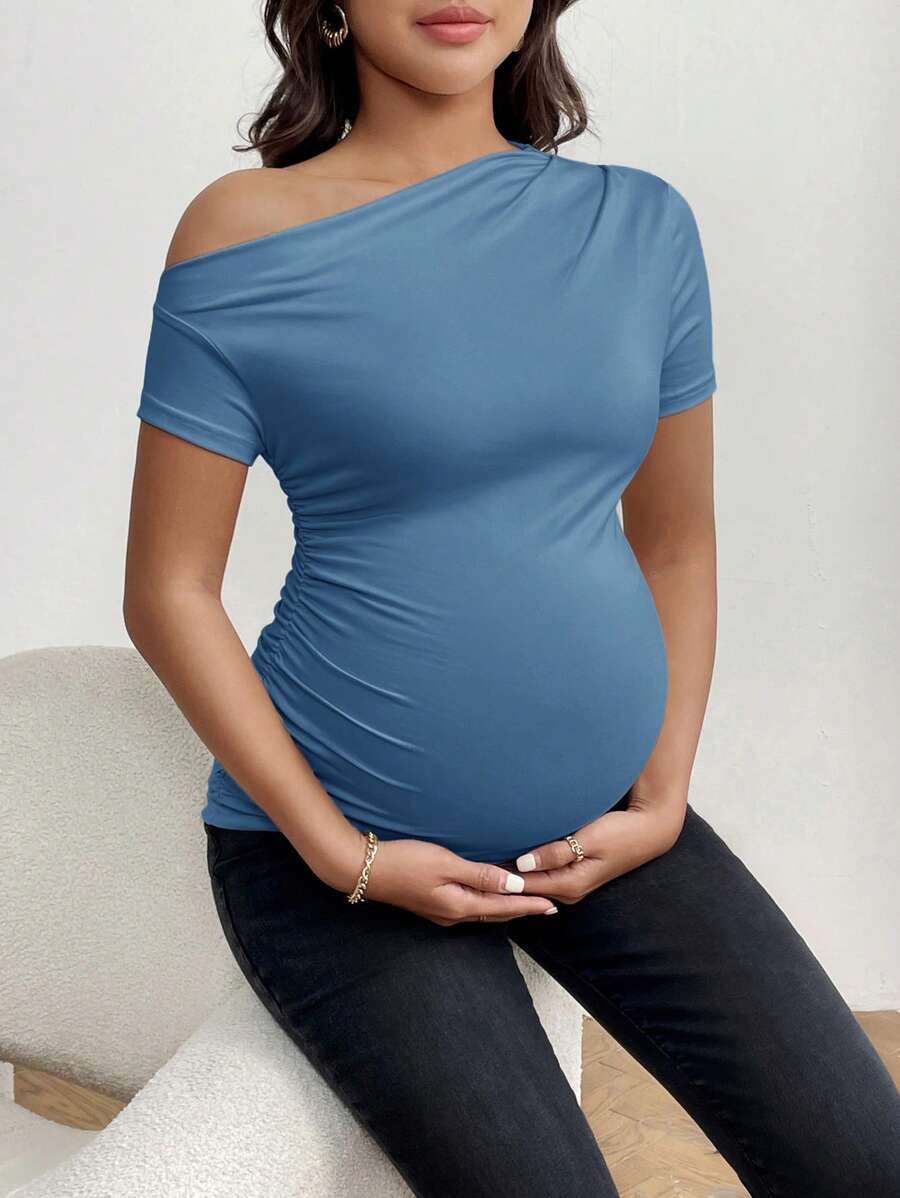 Maternity Asymmetrical Neckline Ruched T-Shirt - Short Sleeve Slim Fit Pleated Knit Top for Casual Daily Wear