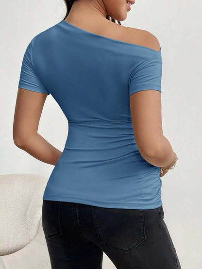 Maternity Asymmetrical Neck Tee - Short Sleeve, Slim Fit, High Stretch, Black