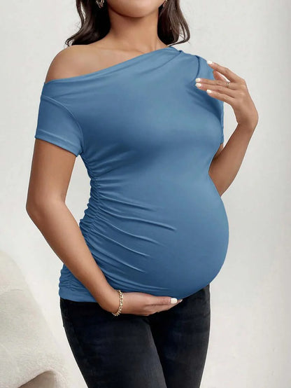 Burgundy Asymmetrical Neck Ruched Maternity T-Shirt - Slim Fit High Stretch Short Sleeve Casual Summer Pregnancy Top
