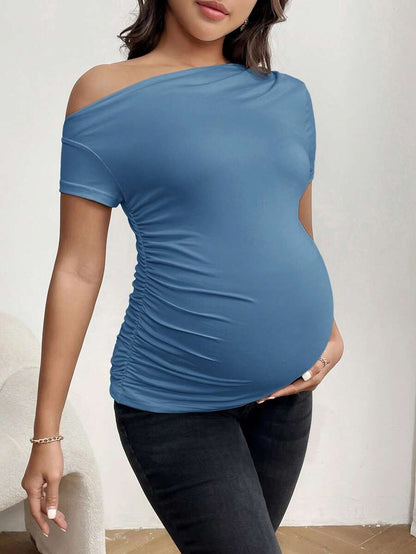 Maternity Asymmetrical Neck Tee - Short Sleeve, Slim Fit, High Stretch, Black