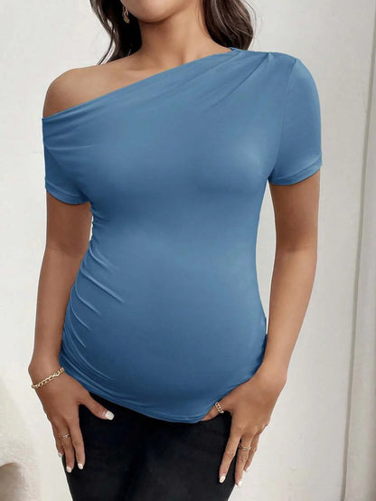 Maternity Asymmetrical Neck Tee - Short Sleeve, Slim Fit, High Stretch, Black